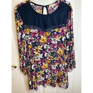 Umgee Women's Size L Boho Navy Blue Floral Flowy Tunic Dress